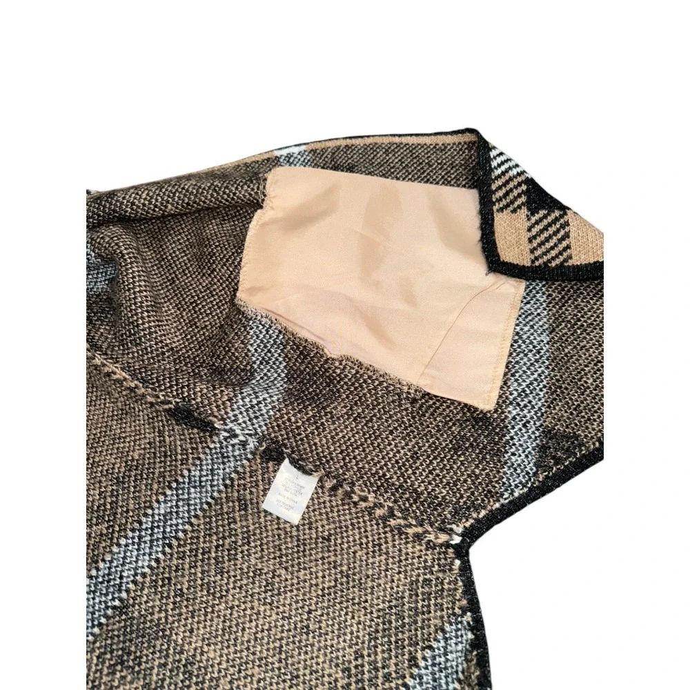 Adrienne Vitadini WOMENS LARGE PRE-OWNED TAN/BLACK CHECKERED FRONT OPEN Cardigan